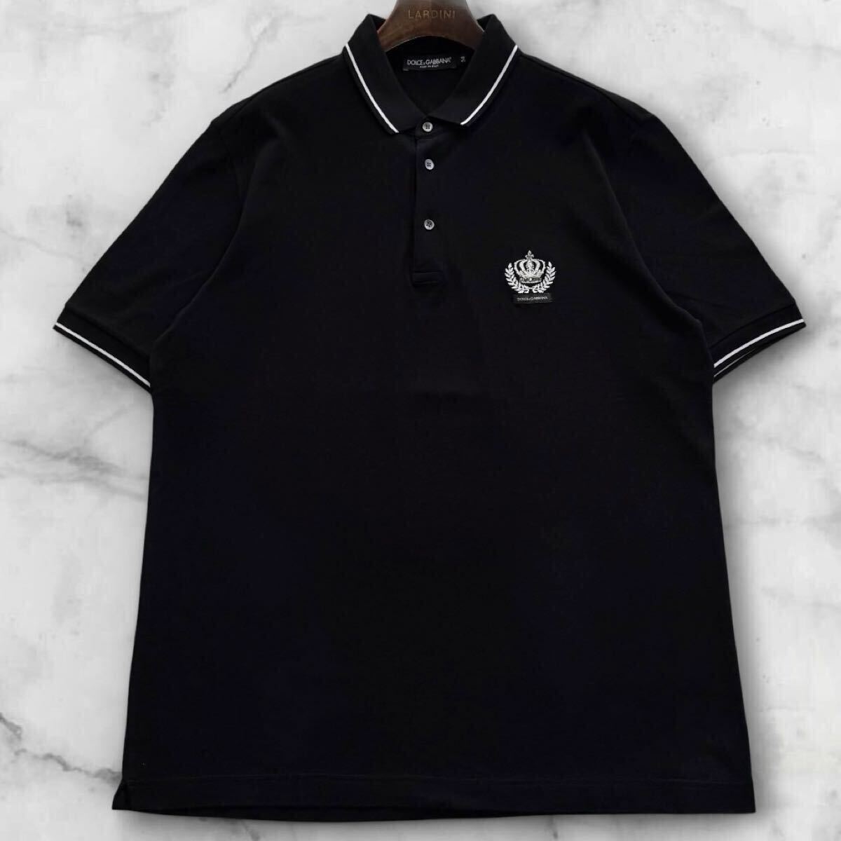 極美品/XXL相当●DOLCE&GABBANA ドルチェ&ガッバーナ 王冠 クラウン 胸元ロゴ 半袖 ポロシャツ 鹿の子 トップス ブラック 黒 メンズ 54拍卖