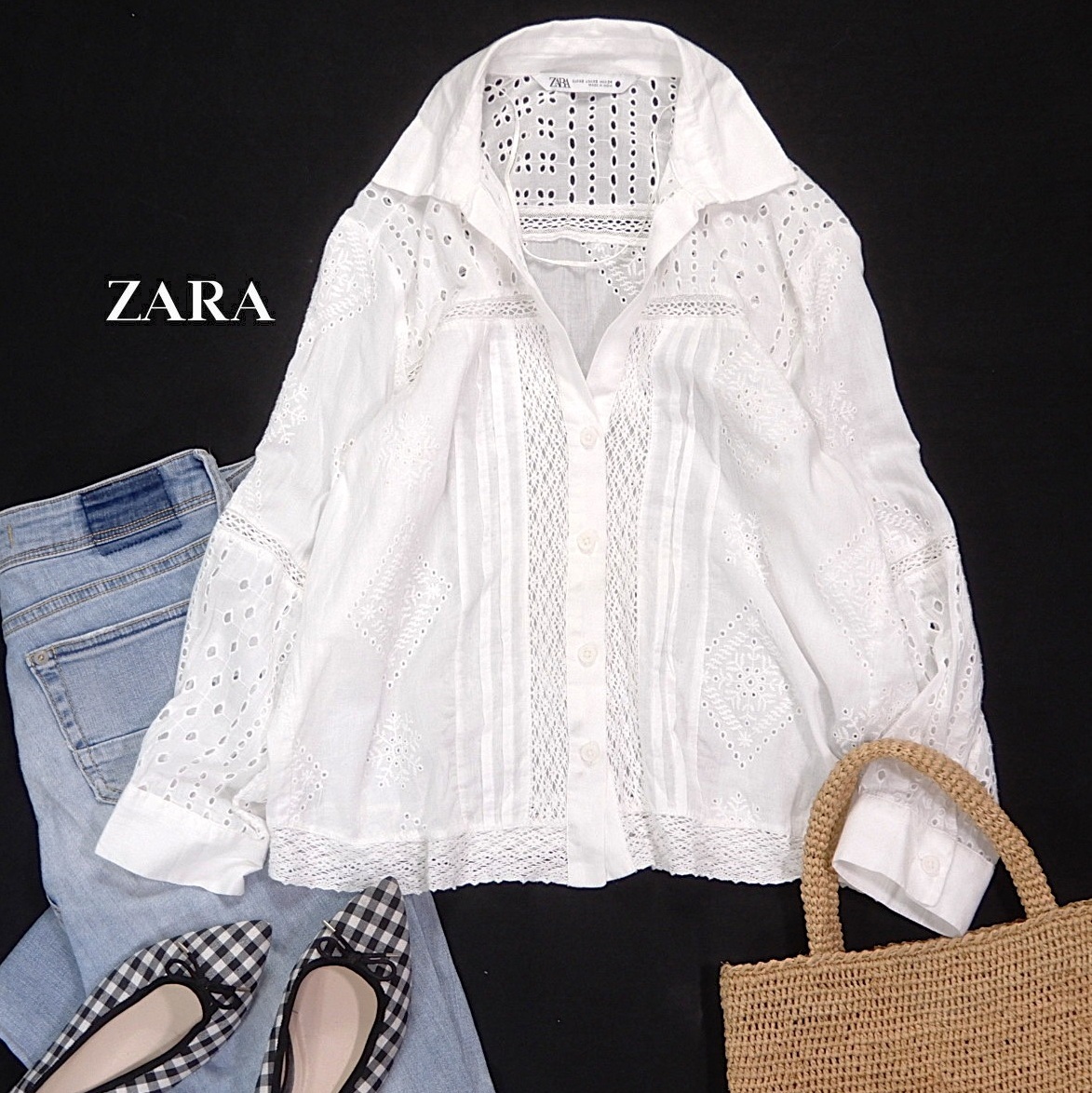 ザラ ZARA 大人素敵スタイル☆ カットワーク刺繍 レース ピンタック デザイン シャツ ブラウス XS 拍卖