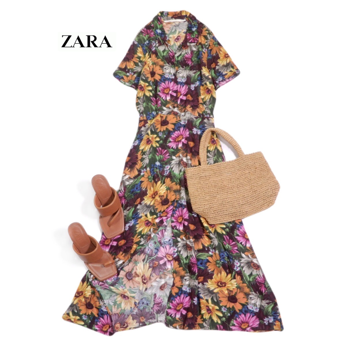 ザラ ZARA 大人素敵スタイル☆華やか マルチ フラワープリント ロング ワンピース M拍卖