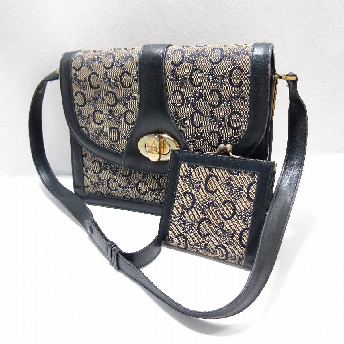 1円スタート CELINE セリーヌ ロゴ ショルダーバッグ がま口二つ折り財布 2点セット ネイビー ベージュ レディース ヴィンテージ品拍卖