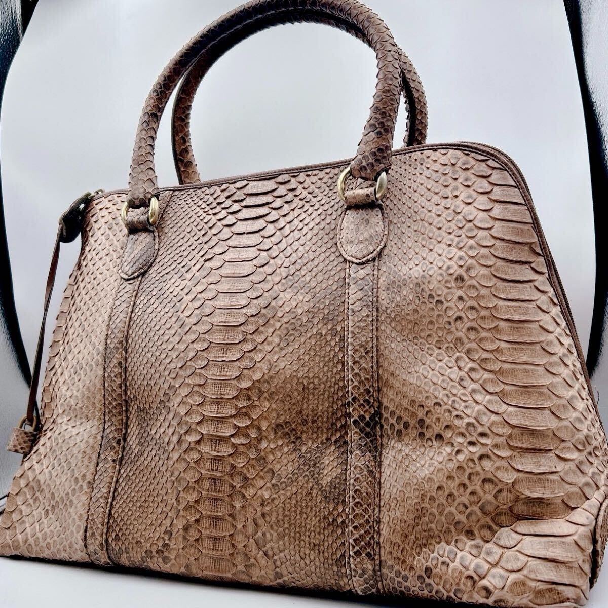 定価23万!!最高級ダイヤモンドパイソン◎【特大幅45㎝】A4収納 ハンド ブラウン メンズ ブリーフケース 蛇革 ヘビ ビジネス ボストンバッグ拍卖