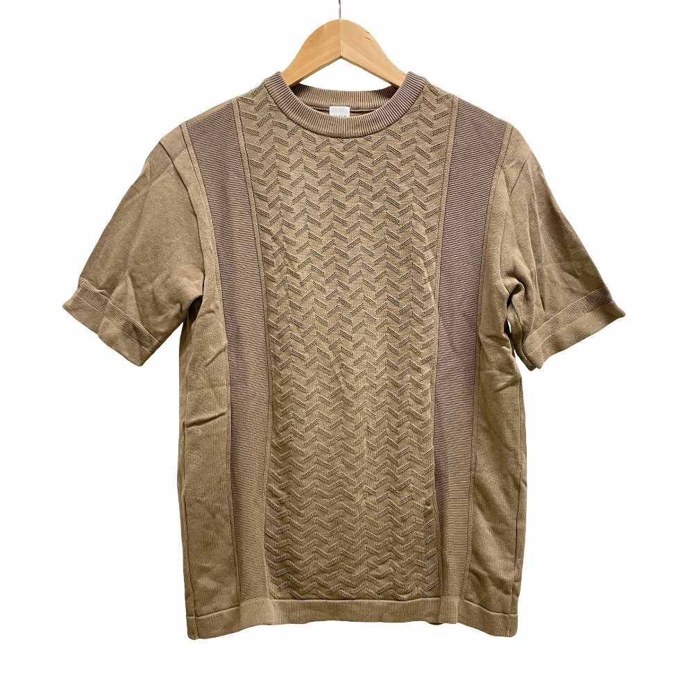 タケオキクチ TAKEO KIKUCHI ニット Tシャツ コットン 100% ヘリンボーン ジャガード 織り 切り替え クルーネック 半袖 2 茶 ブラウン /MZ拍卖