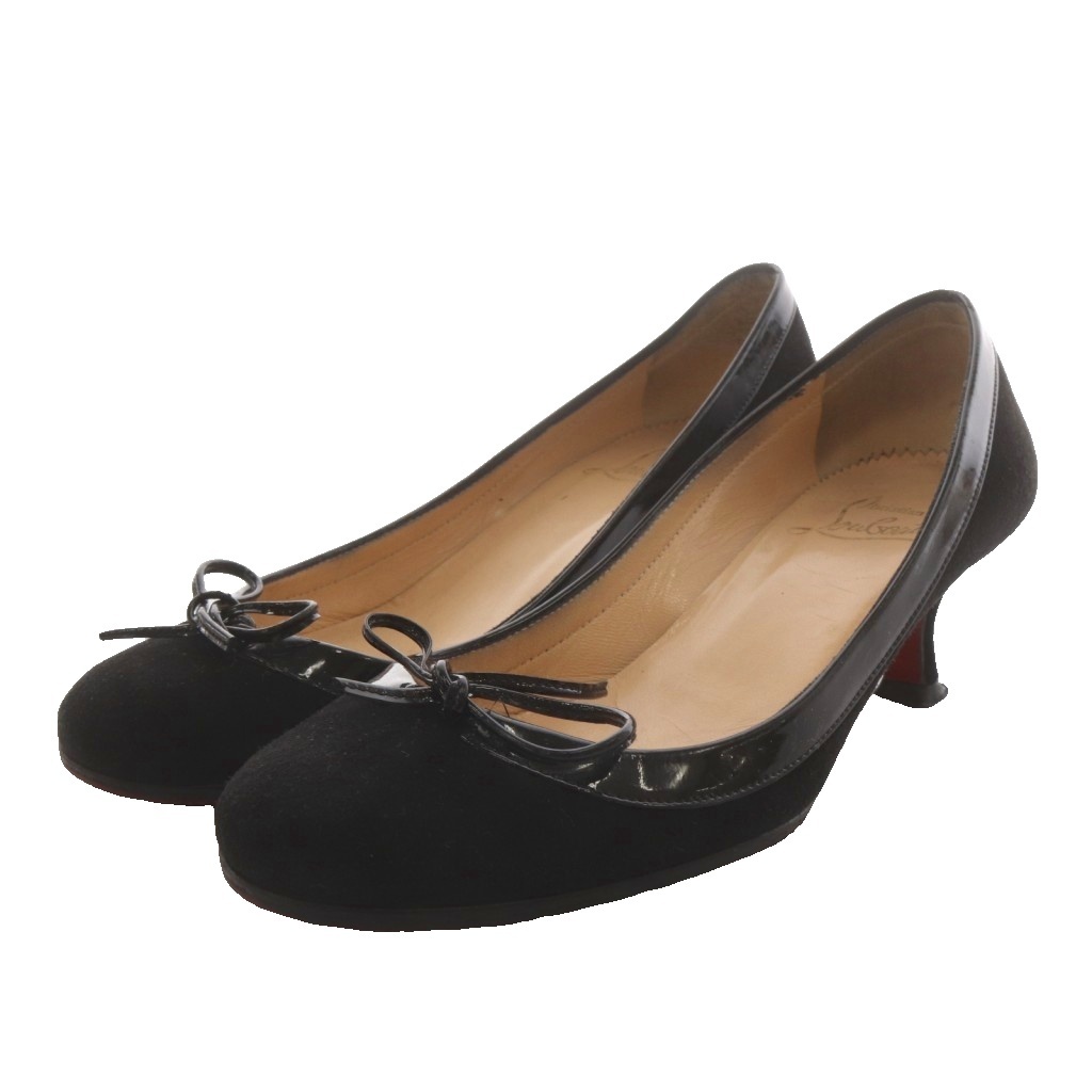 クリスチャンルブタン Christian louboutin パンプス ラウンドトゥ ヒール リボン スエード 35 黒 ブラック /AN23 レディース拍卖