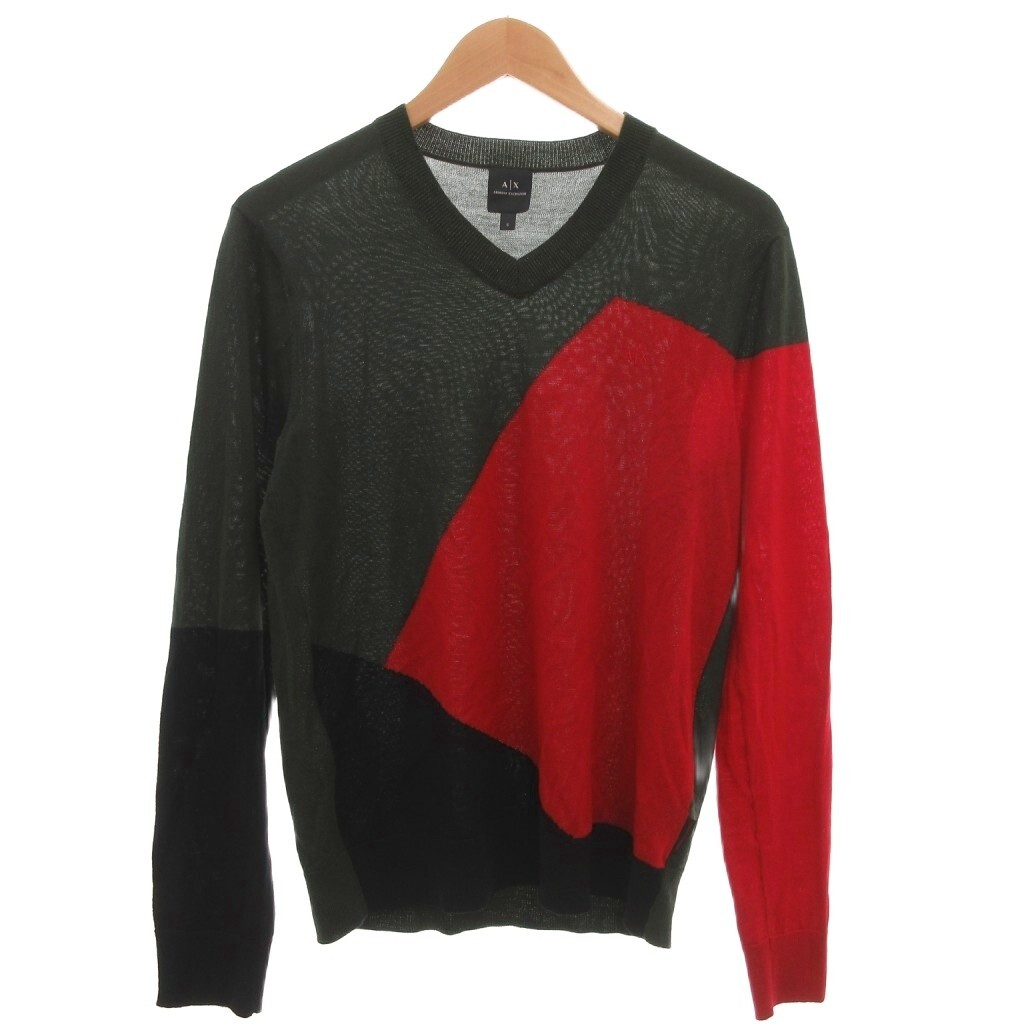 アルマーニエクスチェンジ A/X ARMANI EXCHANGE 美品 ニット セーター ウール S Vネック ロゴ 刺繍 緑 グリーン 赤 レッド 黒 ブラック拍卖
