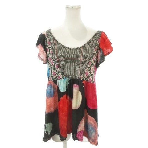 ツモリチサト TSUMORI CHISATO カットソー ウール 2 黒 ブラック 赤 レッド ラウンドネック 半袖 パッチワーク柄 /MN30 ■ECA004拍卖