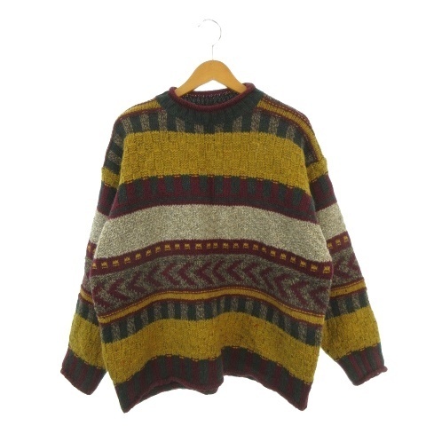 UNITED COLORS OF BENETTON ニット セーター ウール 黄 イエロー ボーダー柄 幾何学模様 クルーネック 長袖 /AH42 ■ECA004 メンズ拍卖