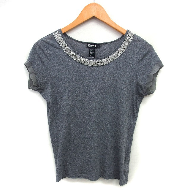 ダナキャランニューヨーク DKNY ボートネック カットソー Tシャツ コットン 綿 透け感 ビーズ装飾 半袖 P グレー /NT10 レディース拍卖