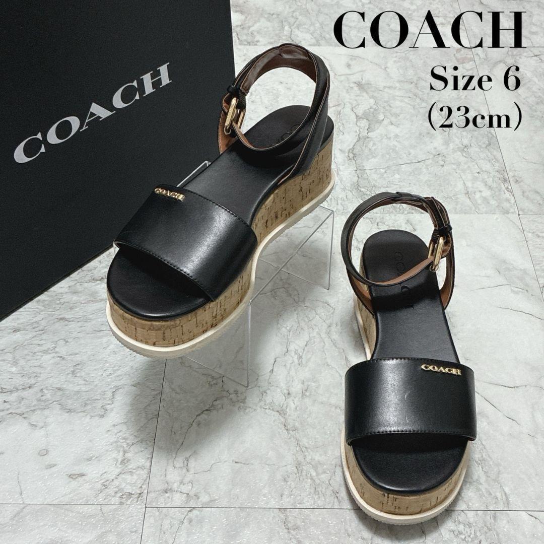 【極美品】COACH コーチ サンダル ウェッジソール アンクルストラップ オープントゥ 本革 レザー 黒 厚底 ロゴ サイズ6 23cm拍卖