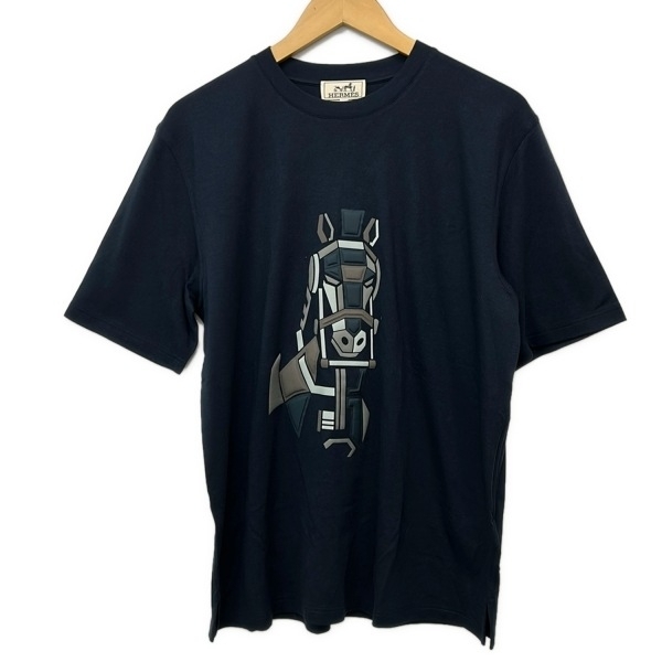 エルメス HERMES 半袖Tシャツ サイズM - ダークネイビー×ダークブラウン×マルチ レディース クルーネック/カシミヤ混/メガシャリオ 3D/馬拍卖