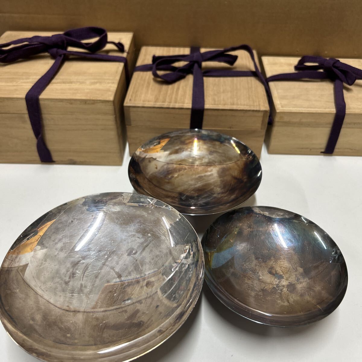 純銀製 銀杯 3点セット 木箱入り 刻印あり 酒器 盃 銀盃 シルバー 盃 SILVER 361グラム拍卖