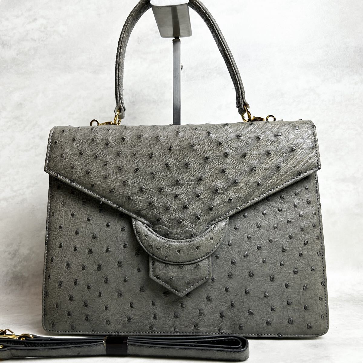 定価18万円! オーストリッチ 駝鳥革 エキゾチックレザー 2way ハンドバッグ ショルダーバッグ グレー系拍卖