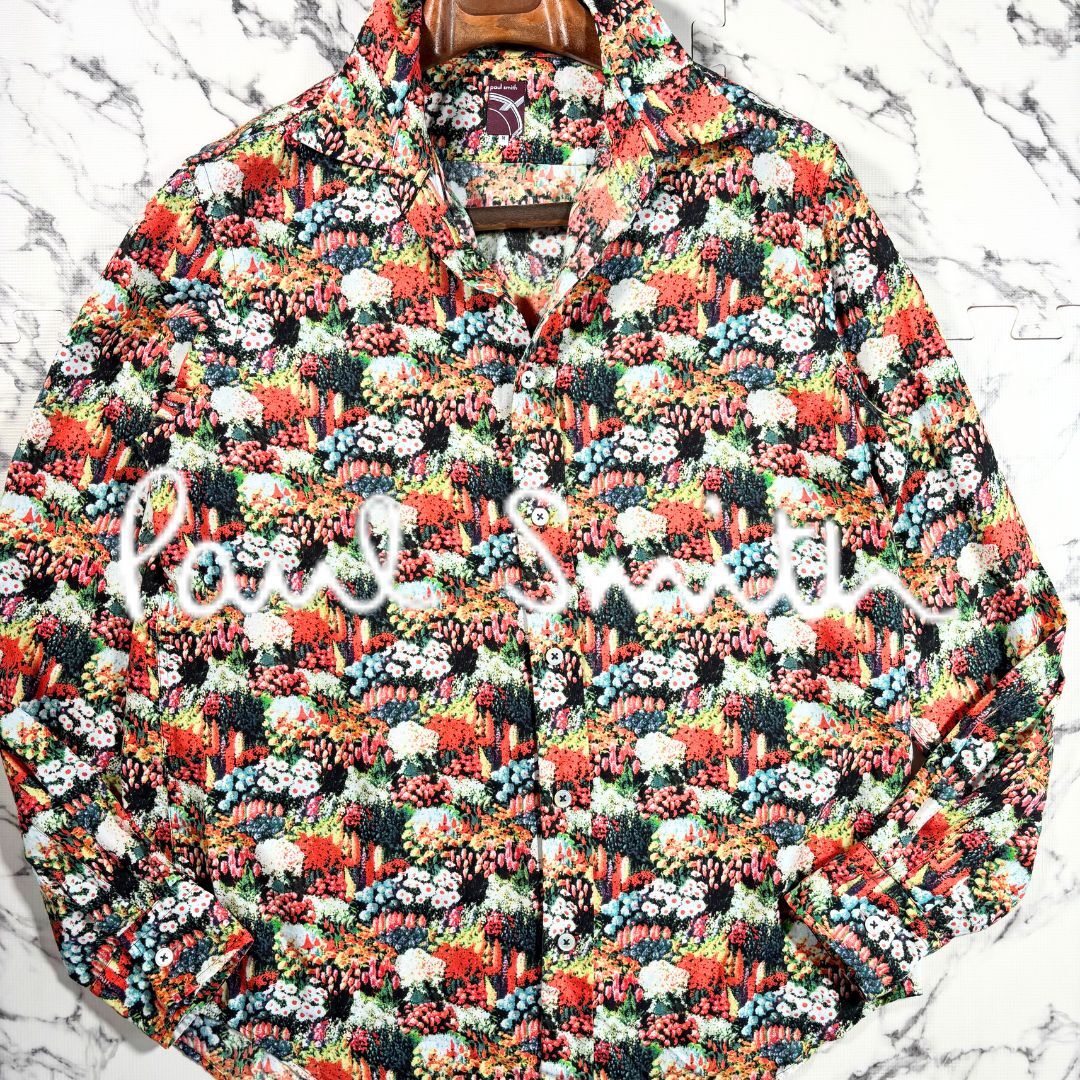 【50周年限定品】極美品/花柄(L位)●ポールスミス 長袖 薄手 フラワー シャツ 春夏 ボタニカル Paul Smith メンズ M レッド 赤 セルロース拍卖