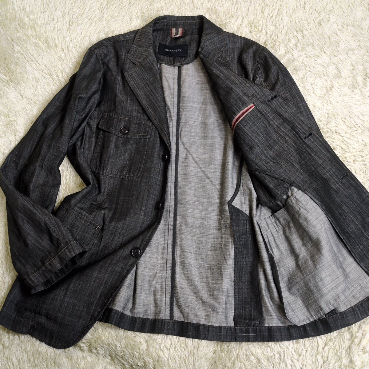 美品 BURBERRY LONDON バーバリー ロンドン テーラードジャケット デニム調 薄手 ブラック サマージャケット 3B コットン Mサイズ メンズ 拍卖