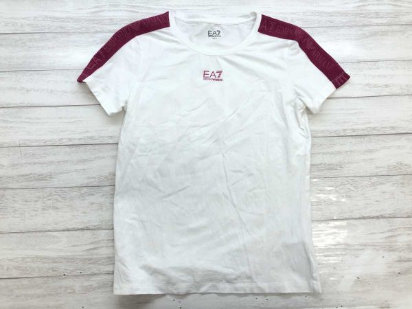 エンポリオアルマーニ Emporio Armani EA7ライン スポーツ 肩ロゴライン 半袖 Tシャツ カットソー 白 M レディース 綿96% エラスタン4%拍卖