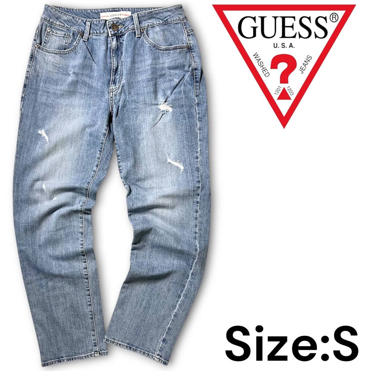 新品 GUESS ゲス レギュラーテーパー ハイライズ ダメージ ストレッチ テーパード デニム パンツ MM1D6079 29 S ライトブルー系 NR-178拍卖