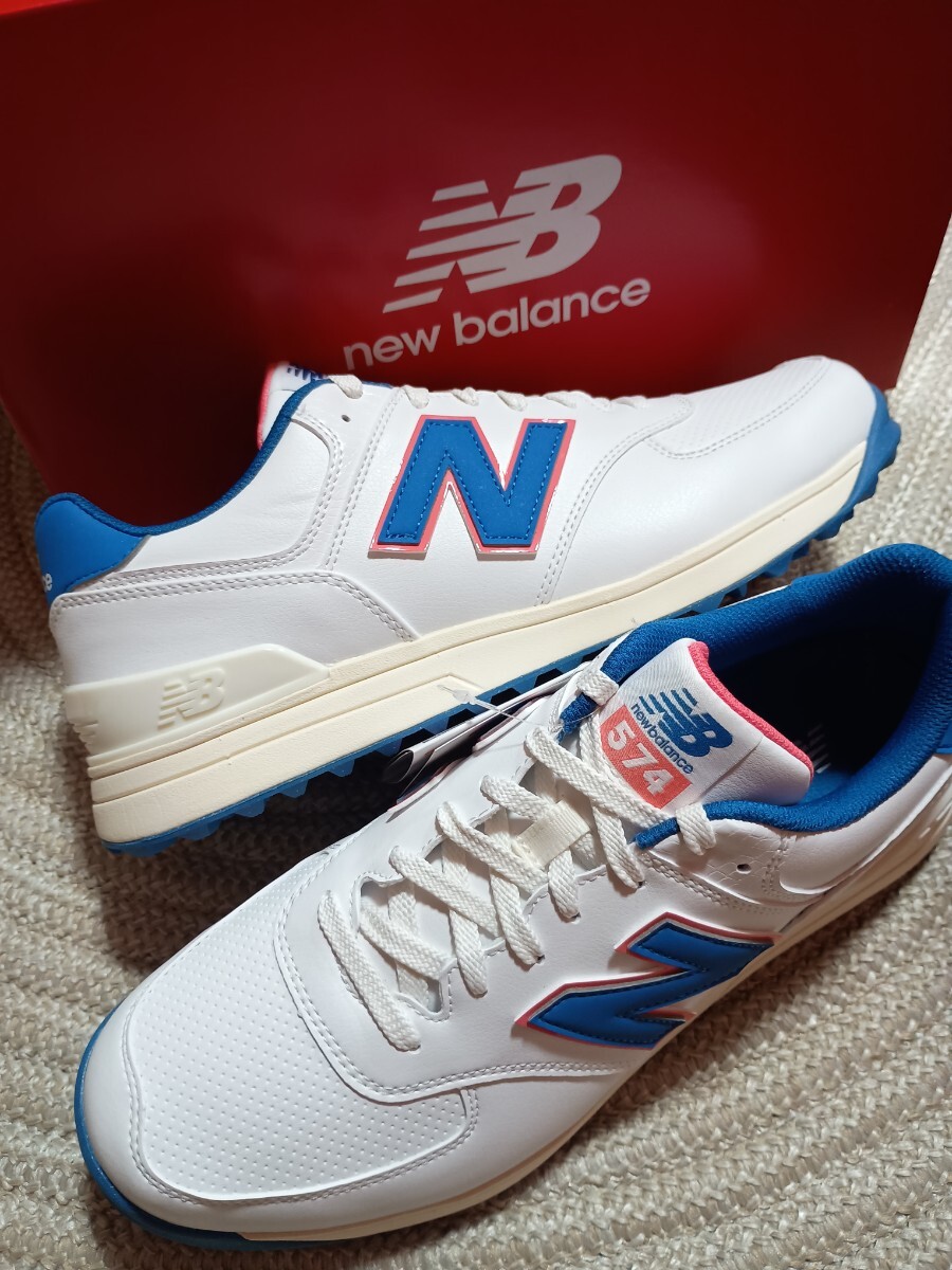 新品 未使用 New Balance ゴルフシューズ UGS574 P3 26.5cm ホワイト 白 ブルー 青 ニューバランス 574 固定式ゴムスパイク メンズ ゴルフ拍卖