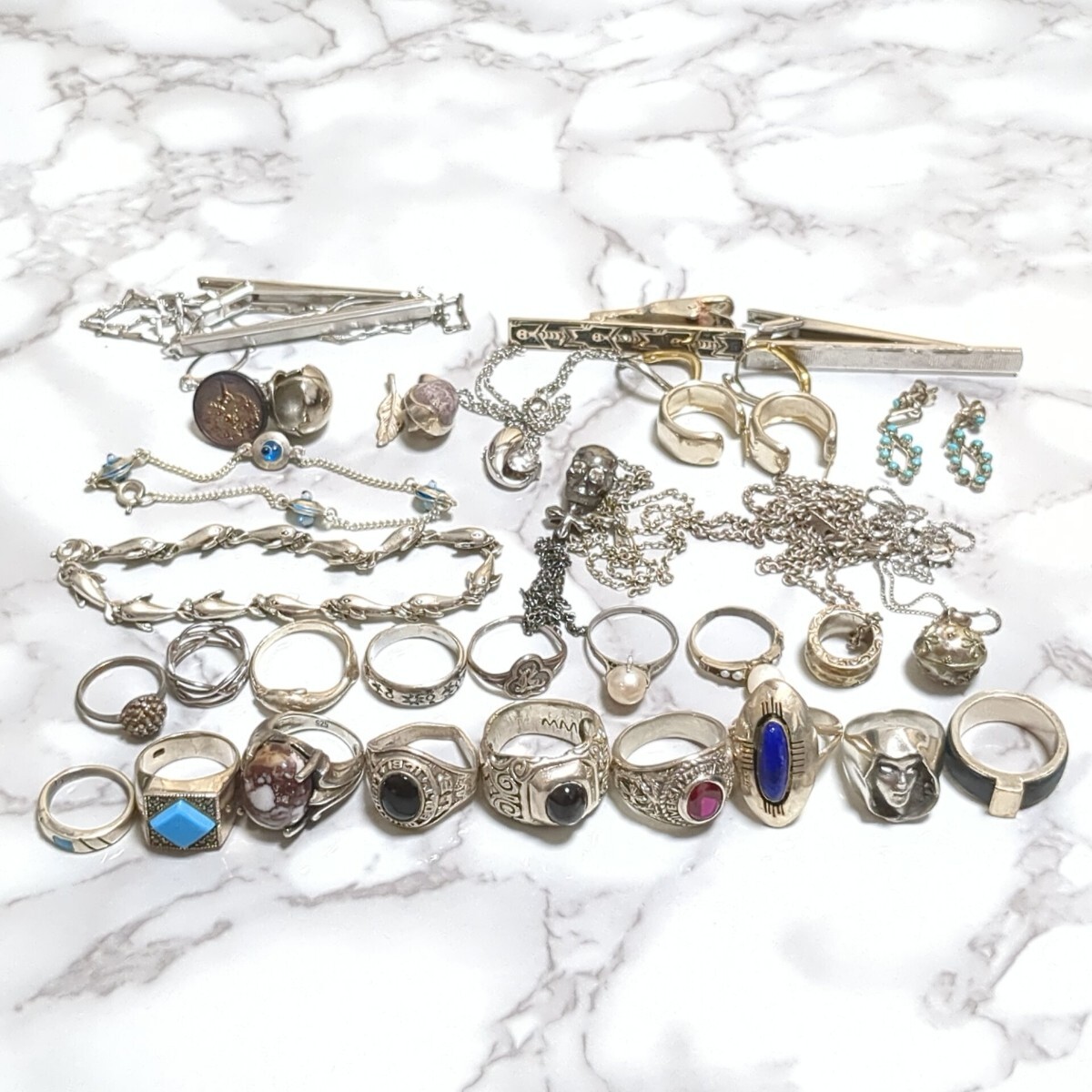 187g シルバー 925 silver刻印等 銀製品 リング ネックレス ピン カレッジ 石 インディアン 作家 アクセサリー ブレスレット 大量 1円拍卖