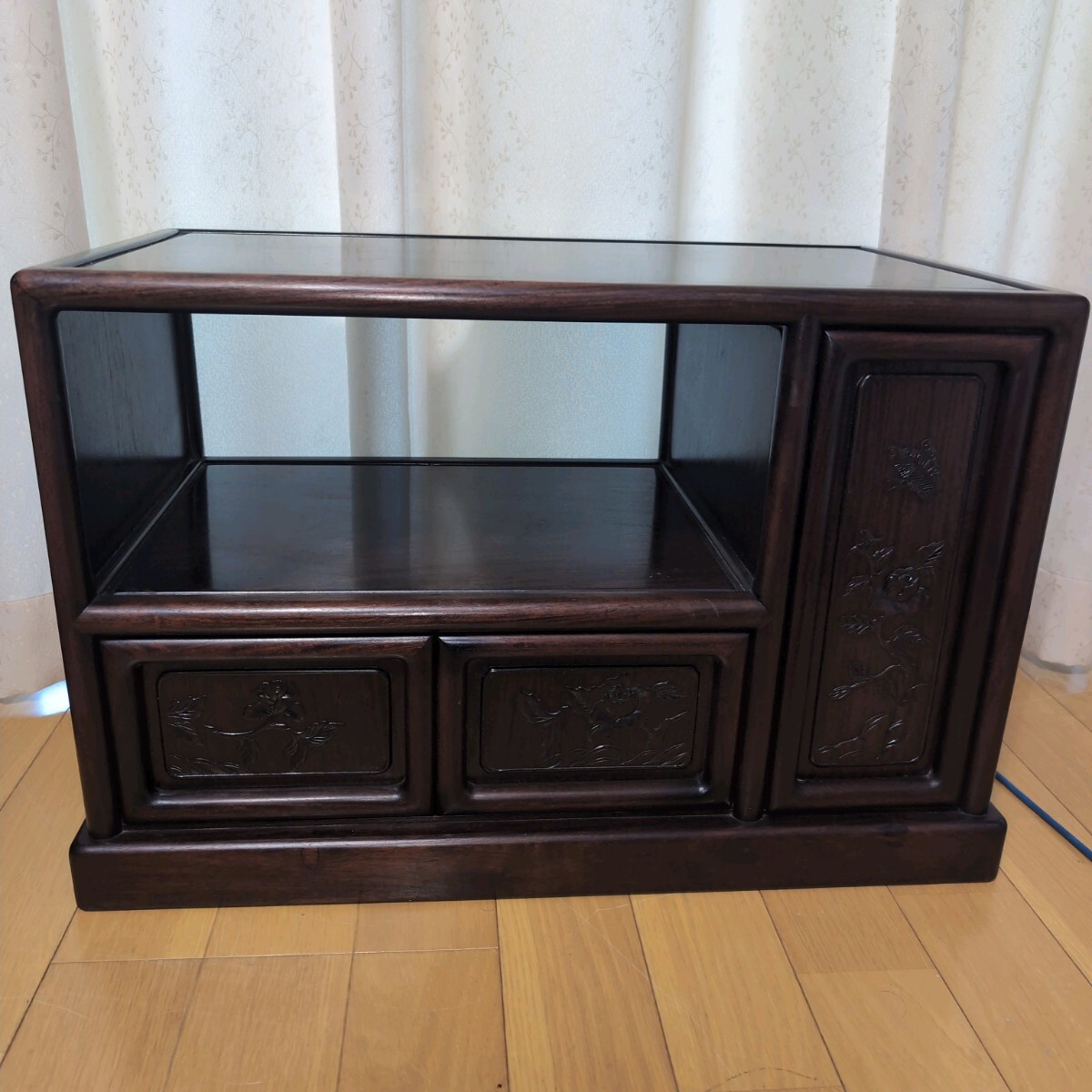1円 茶棚 飾り棚 茶箪笥 和家具 昭和レトロ 唐木家具 透かし彫り 木製 アンティーク 違い棚拍卖