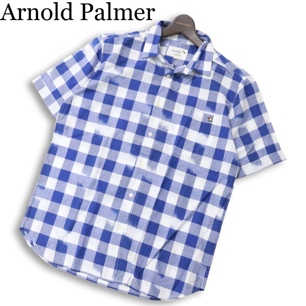 【新品 未使用】 Arnold Palmer アーノルドパーマー 春夏★ インド綿 半袖 チェック柄 シャツ 大きいサイズ Sz.LL メンズ拍卖