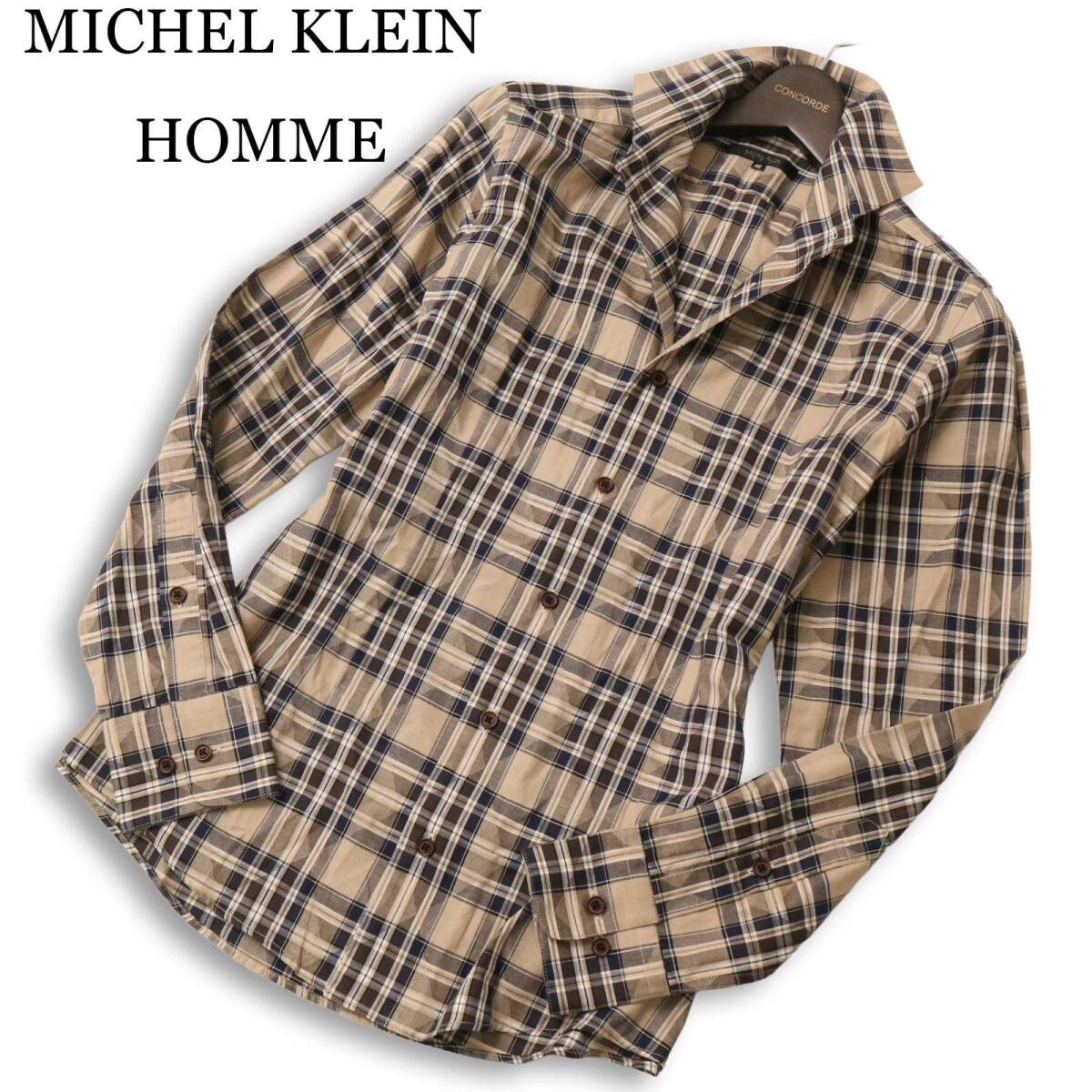 MICHEL KLEIN HOMME ミッシェルクラン オム 通年★ 長袖 チェック スリム シャツ 日本製 Sz.48 メンズ拍卖