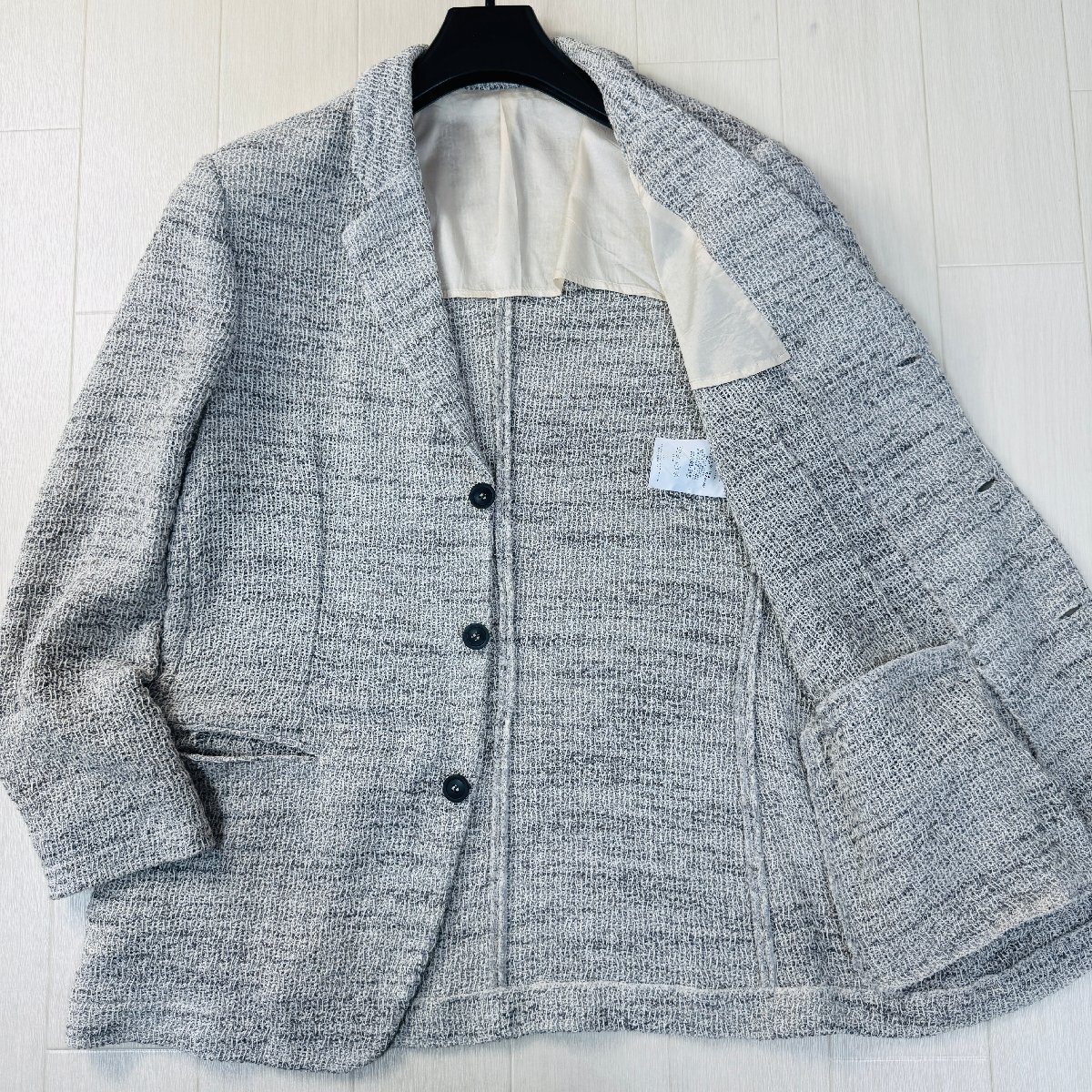 美品/52 XL相当★アルマーニ ARMANI COLLEZIONI メランジ生地 ニットジャケット テーラード ブレザー 清涼感 ケーブル編み メンズ グレー拍卖
