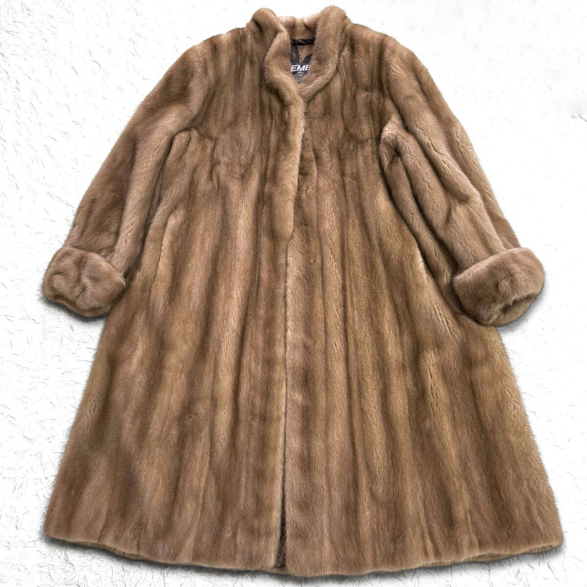 着丈111cm EMBA エンバ パステルミンク ロールアップ オーバーサイズ ファーコート リアルファー 毛皮 フレア ロング MINK 裏地総柄拍卖