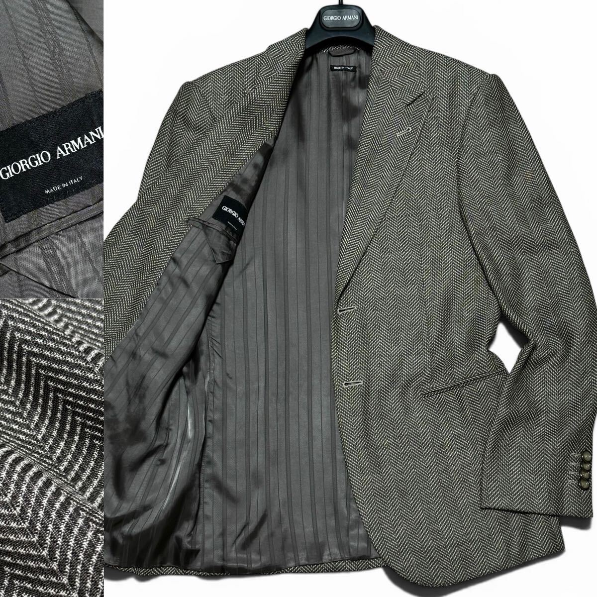 定価50万!!最高峰ヘリンボーンテクスチャー!!黒タグ GIORGIO ARMANI ジョルジオアルマーニ テーラードジャケット シルク級の艶感 48 春夏拍卖