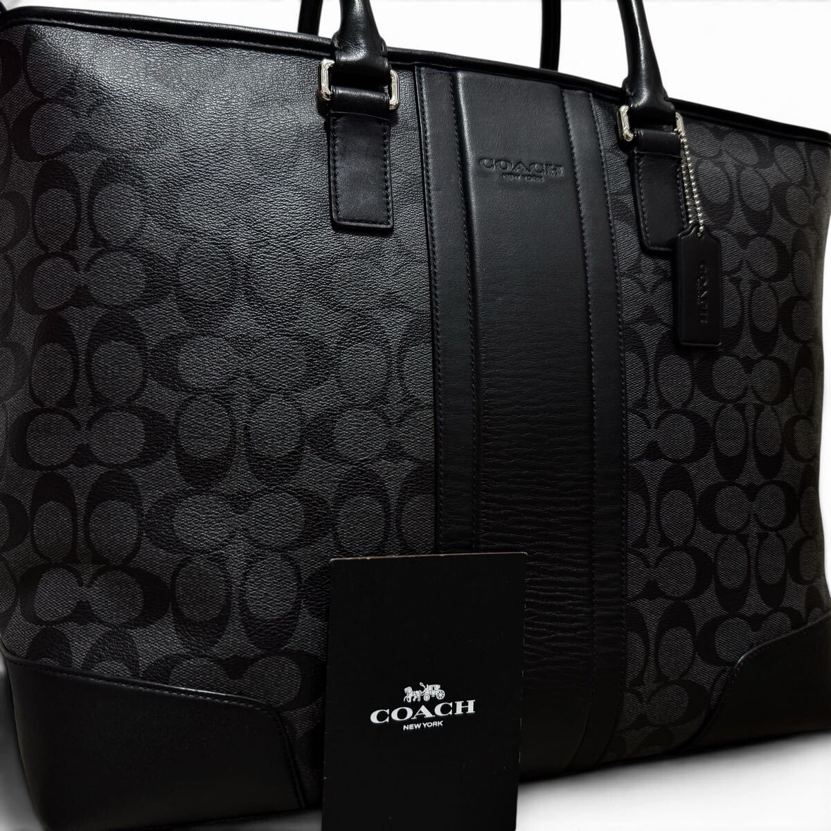 極美品●最高級ライン●COACH コーチ メンズ シグネチャー トートバッグ ビジネス 肩掛け 大容量 A4 PC 書類鞄 カーフレザー ブラック系 黒拍卖