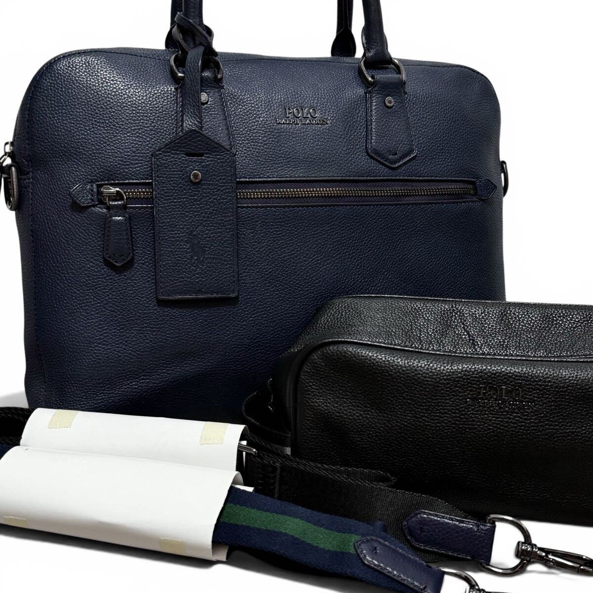 豪華セット!!現行モデル●POLO RALPH LAUREN ポロラルフローレン ビジネスバッグ セカンドバッグ メンズ ショルダー2本付 レザー A4 書類鞄拍卖