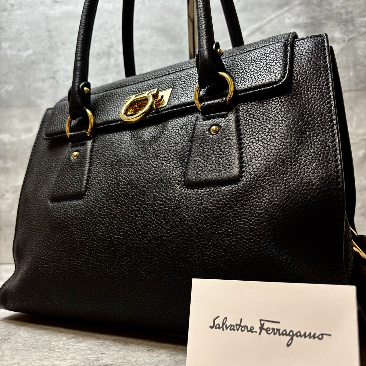 《現行近/極美品》 Salvatore Ferragamo フェラガモ メンズ トートバッグ 紳士 ビジネス 斜め掛け ガンチーニ レザー 本革 ブラック 黒拍卖