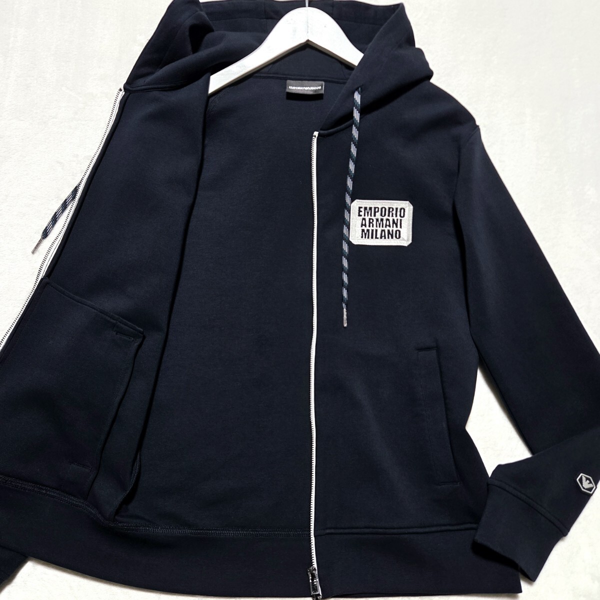 極美品 ■EMPORIO ARMANI パーカー ボンディング ブルゾン ジャケット イーグルロゴ Wアップ ストレッチ エンポリオ アルマーニ ネイビー拍卖