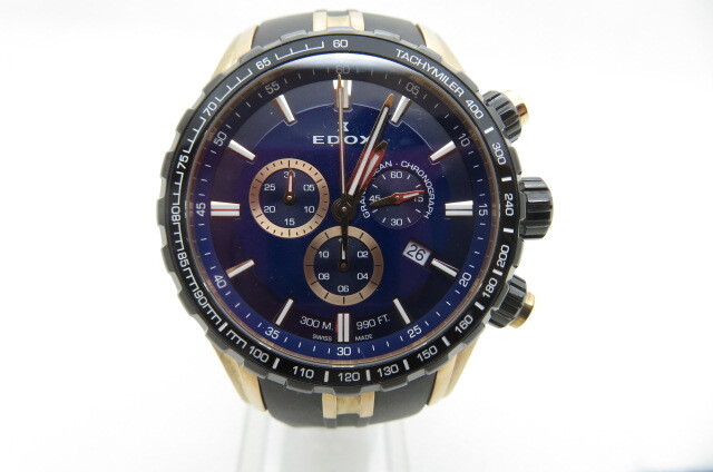 1円~【動品】EDOX エドックス グランドオーシャン 10226 メンズ クロノグラフ クオーツ 腕時計 デイト ブルー文字盤 ブラック 5-8-2拍卖