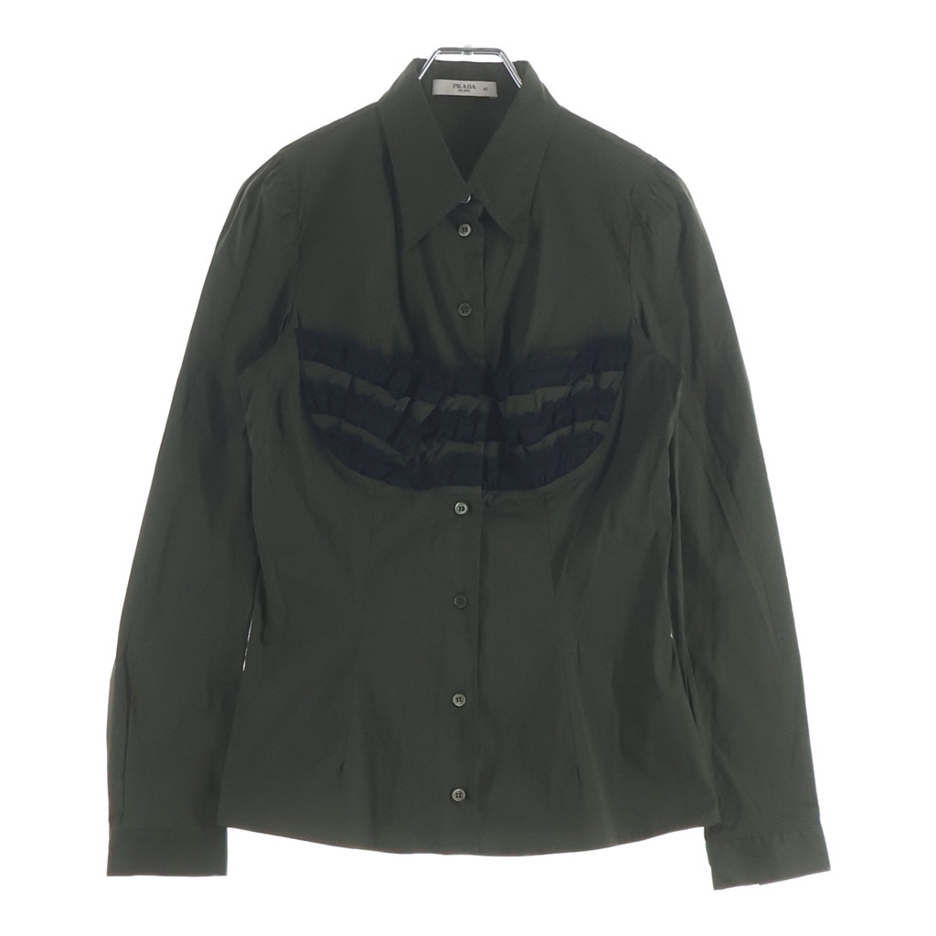 PRADA プラダ レース装飾 ストレッチ 長袖シャツ カーキ レディース P4537拍卖