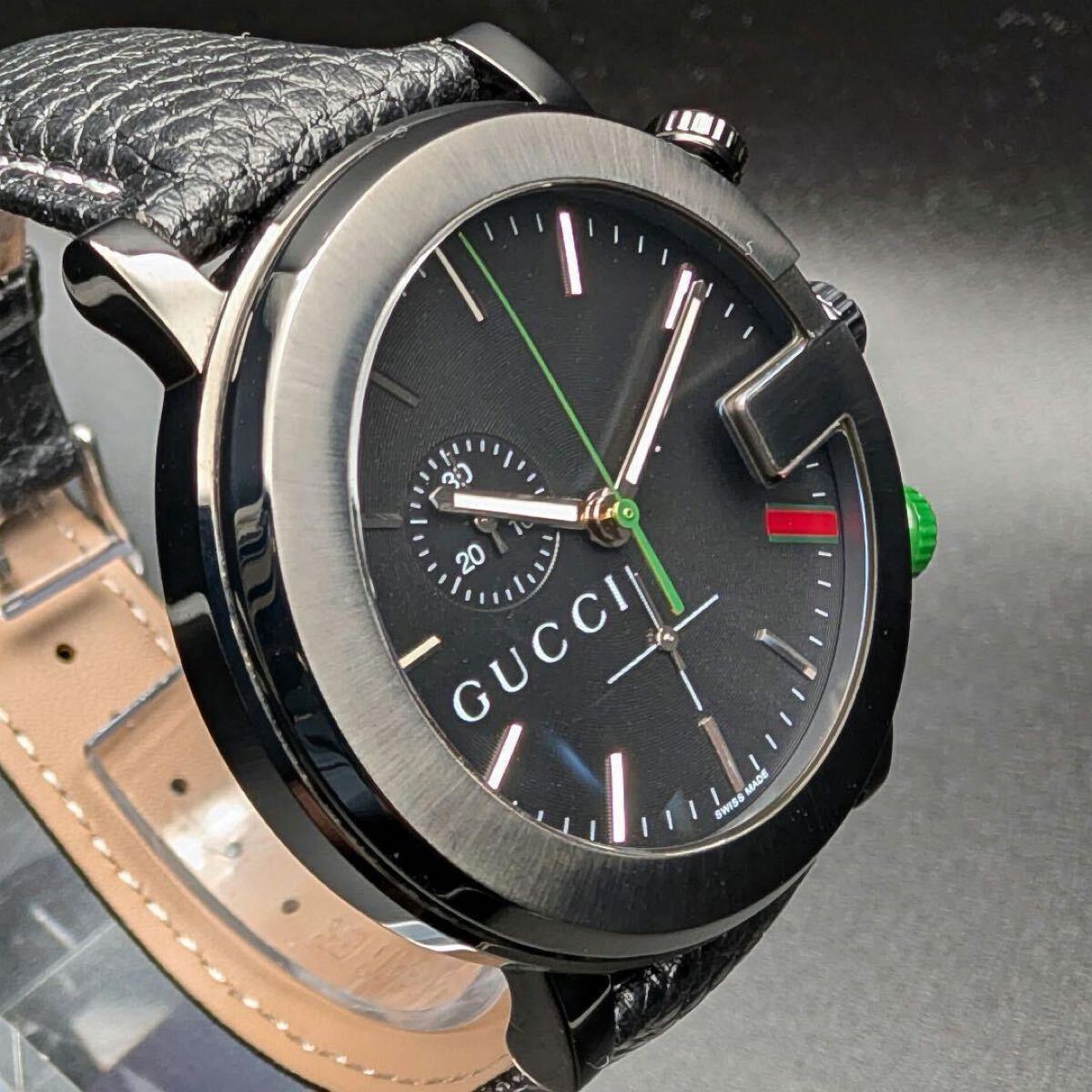 1円 【稼働/新品電池】 GUCCI グッチ Gクロノ 101M ブラックPVD クロノグラフ メンズ腕時計 グリーン秒針 3針 黒文字盤 レザーベルト 美品拍卖