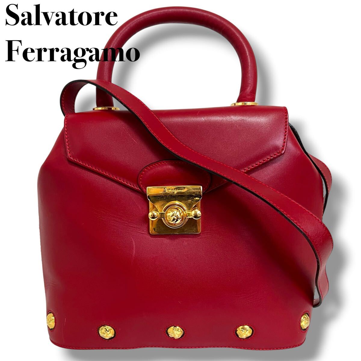 1円スタート Salvatore Ferragamo サルヴァトーレ フェラガモ ハンドバッグ ショルダーバッグ 2WAY レザー 本革 赤 レッド ゴールド金具 拍卖