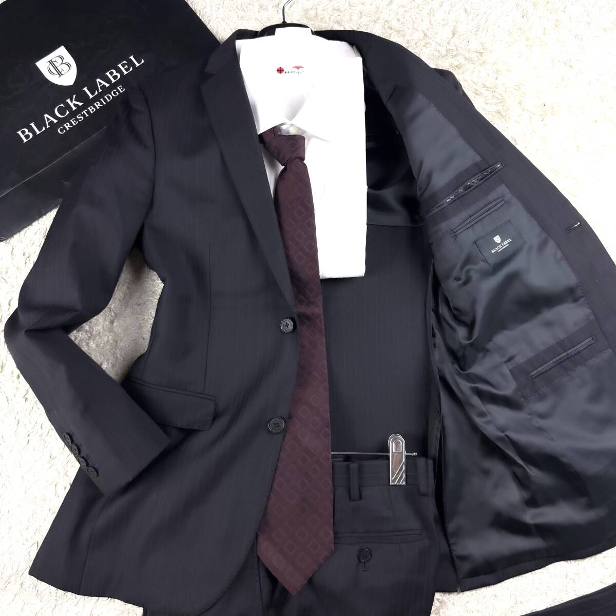 極美品LL~L!BURBERRY BLACK LABEL CRESTBRIGEセットアップスーツXL~L黒ストライプ柄40R大きいバーバリーブラックレーベルクレストブリッジ拍卖