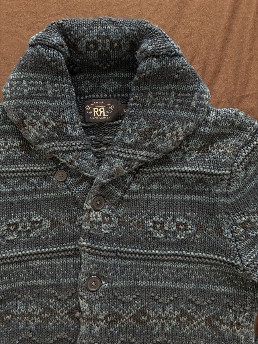 【希少】RRL INDIGO DYE FAIRISLE SHAWL COLLAR CARDIGAN ダブルアールエル フェアアイル インディゴ 本藍染め カーディガン 2013年製 XS拍卖