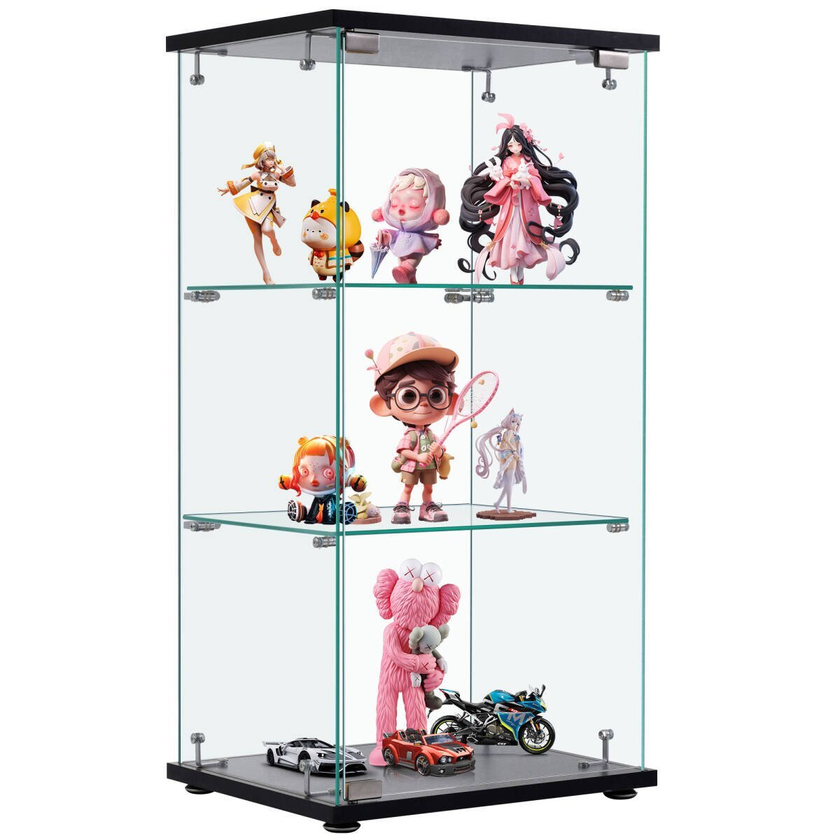 コレクションケース ガラスディスプレイキャビネット フィギュアケース3段 ブラック 強化ガラス全面ガラス サイズ:幅42.5奥行36.5高さ86cm拍卖