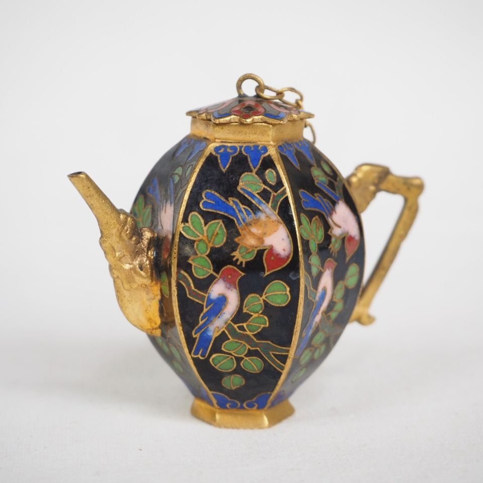 【金富士】中国60~70年代 六角形花鳥文七宝(景太藍)水滴 検/茶托茶壺古錫玉川堂高岡佐渡銅器龍文堂亀文堂中国古玩骨董美術拍卖