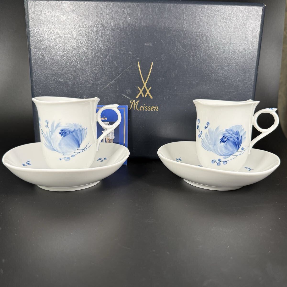 新品 マイセン 青い花 ブルーフラワー コーヒーカップ&ソーサー2客 共箱付、1級品拍卖