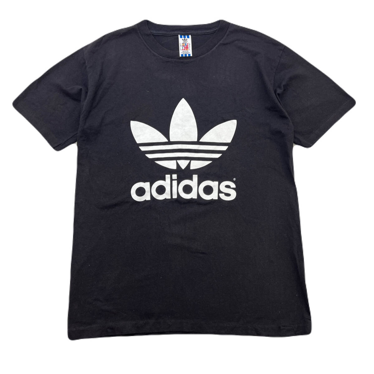 adidas アディダス M 実寸XL相当 ブラック 黒 トレフォイルロゴ 半袖 Tシャツ 両面 デカロゴ ビンテージ 90年 90s USA製 ゆるだぼ ●ak489拍卖