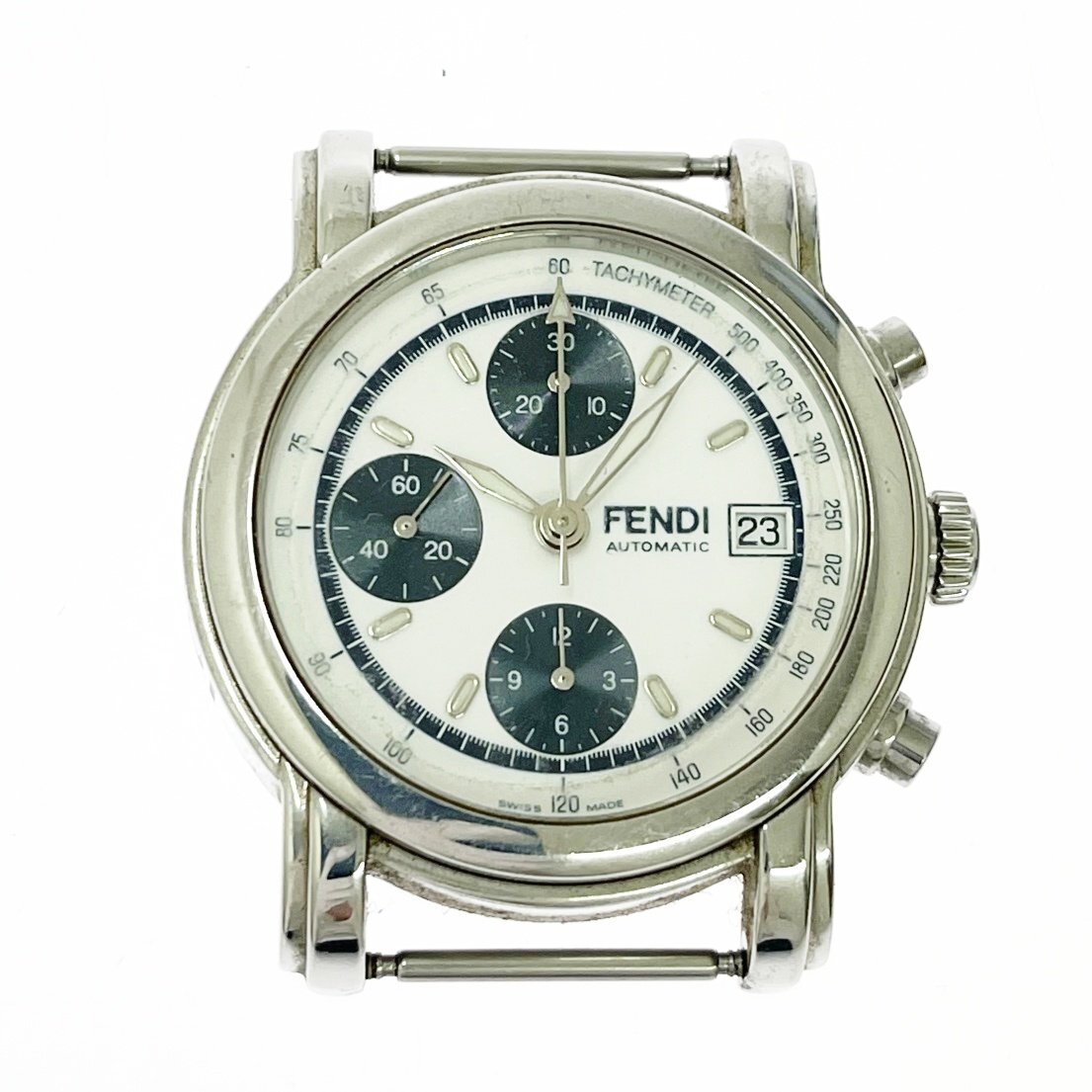 【1円スタート】【訳あり品】FENDI フェンディ 260G クロノグラフ 裏スケ SS ホワイト系文字盤 自動巻き メンズ腕時計 611592拍卖