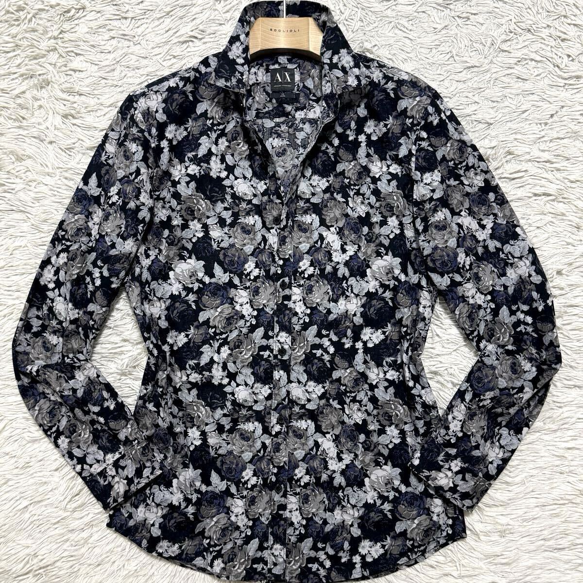 希少L相当 未使用級 ARMANI EXCHANGE 花柄 ボタニカル 長袖シャツ ブラック 総柄 フラワー ドレスシャツ アルマーニエクスチェンジ 映え◎拍卖