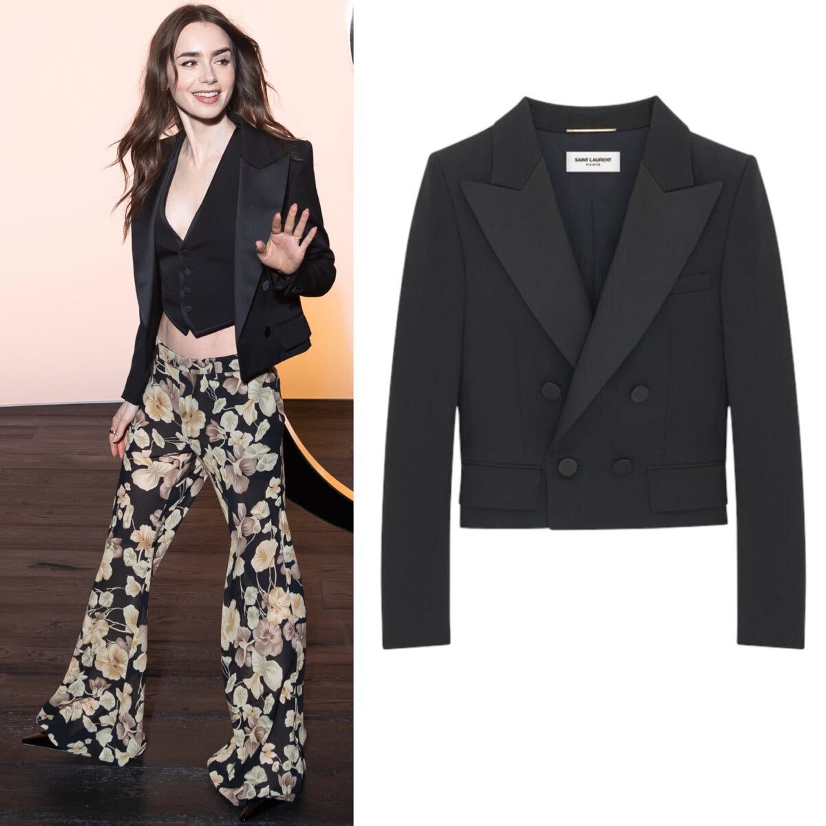 極美品 SAINT LAURENT PARIS ショートタキシードジャケット 36 ブラック サンローラン レディース スモーキング テーラード拍卖