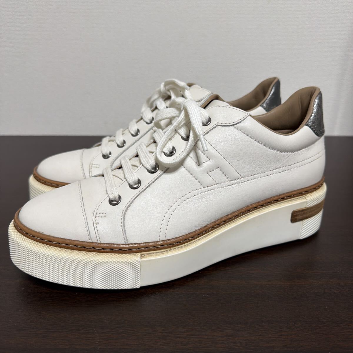 HERMES エルメス Polo ポロ レザー スニーカー size 39.5 厚底 ホワイト レディース拍卖