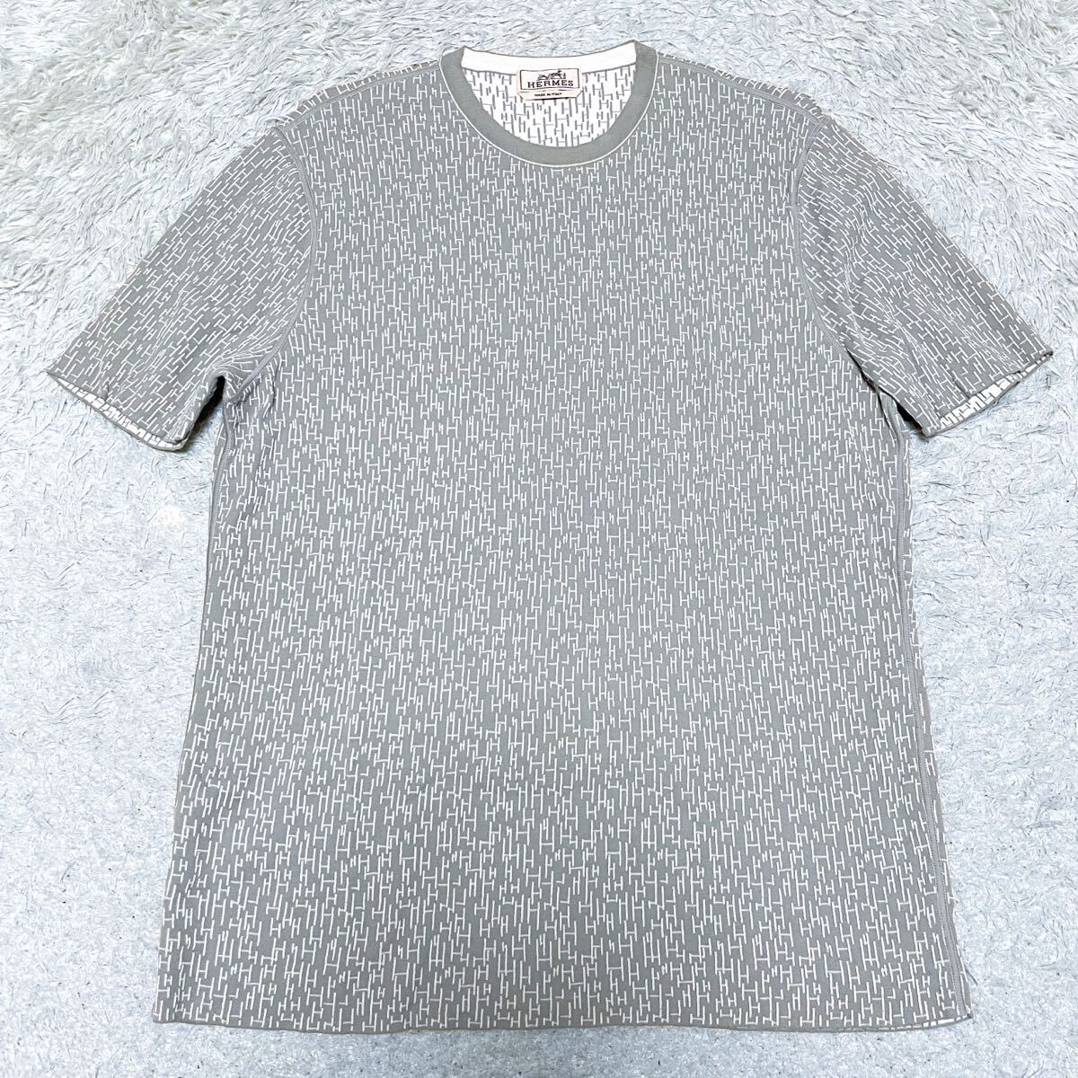 《希少!XLサイズ》HERMES エルメス Hロゴ総柄 コットン ニット Tシャツ トップス カットソー カーキ系 ホワイト メンズ 拍卖