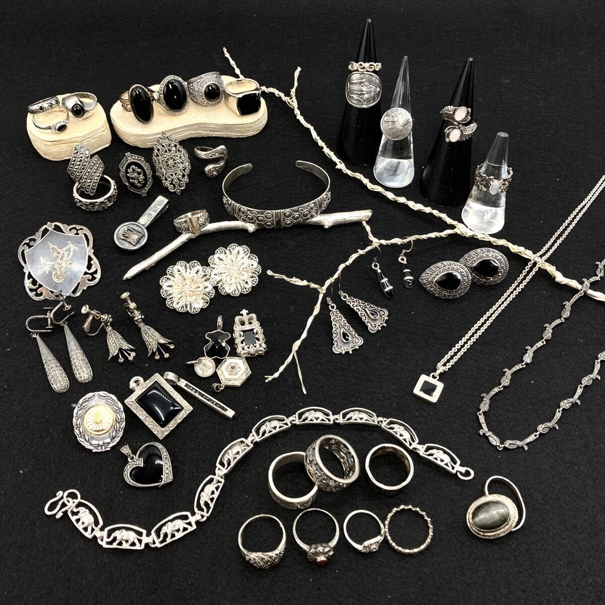 GARNI入り!!■シルバーアクセサリーおまとめ■ m 約338.5g ネックレス リング ヴィンテージ オニキス マーカサイト シェル C212拍卖