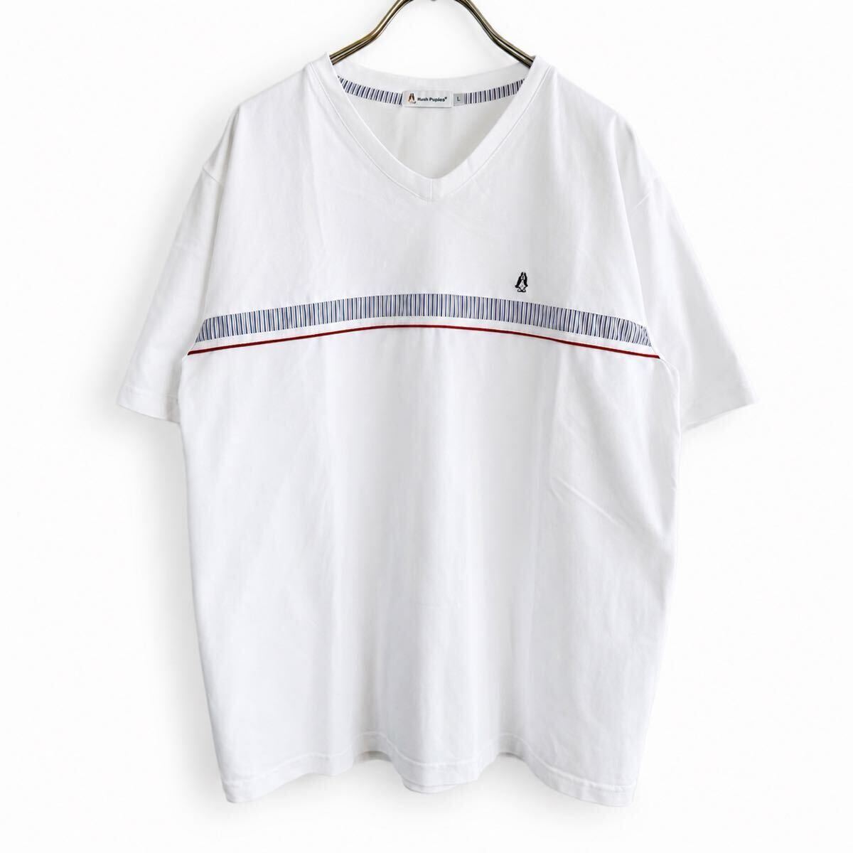 Hush Puppies ハッシュパピー 鹿の子 Vネック ストライプ切替 L 刺繍ロゴ Tシャツ 半袖 カットソー ポロシャツ生地 メンズ 古着 2651414拍卖