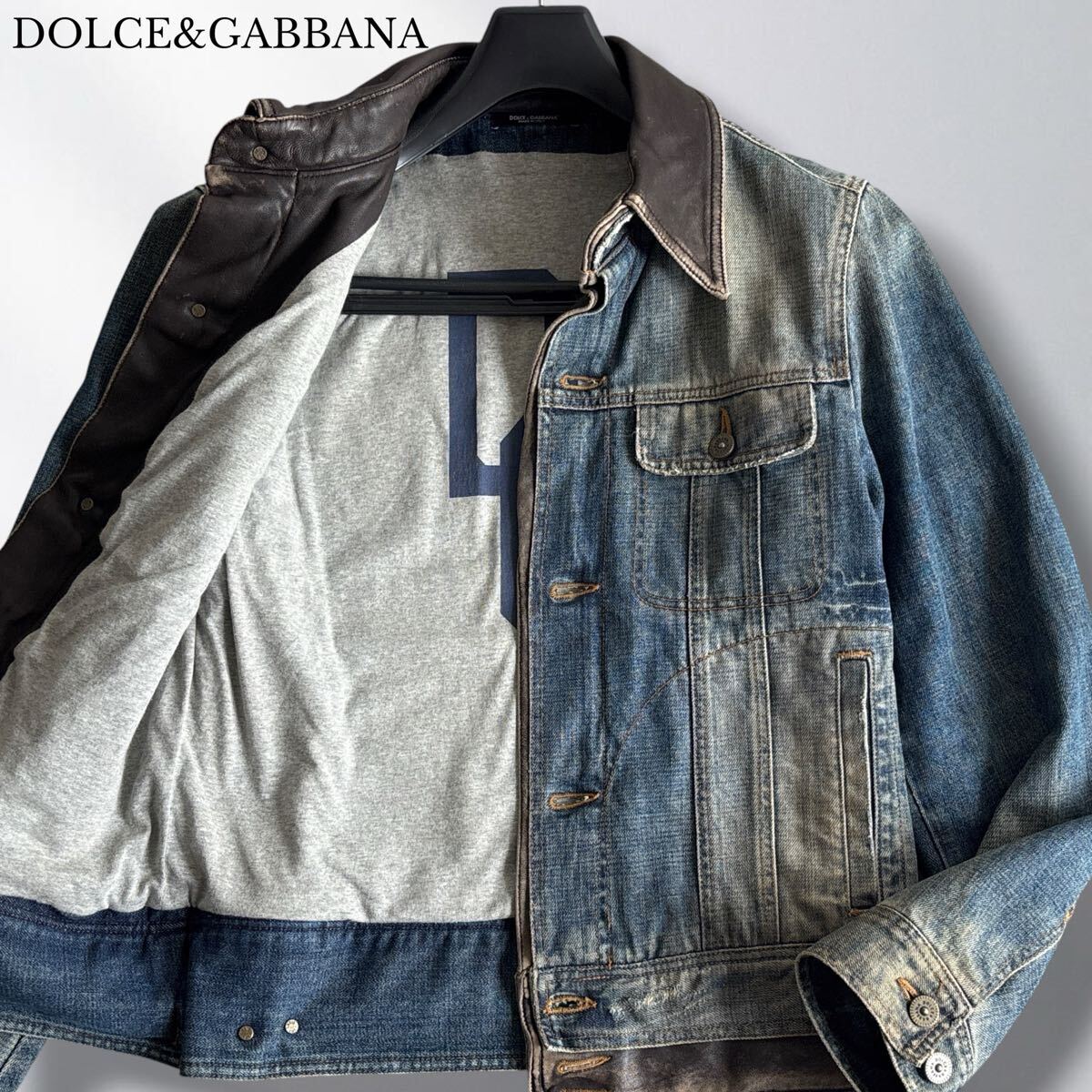 DOLCE&GABBANA ドルチェ&ガッバーナ【XL】デニムジャケット 本革 レザー切替 ダメージ加工 襟レザー 04AW arcive 希少サイズ イタリア製拍卖