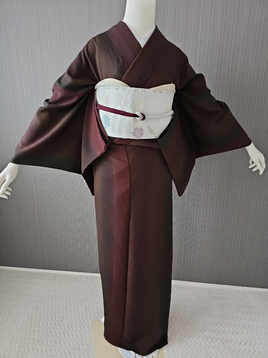 すずや■221【単衣】正絹京友禅染色作家【前田仁仙】手染め小紋 裄丈68.5cm 着丈162cm 焦げ茶×茶紫系拍卖